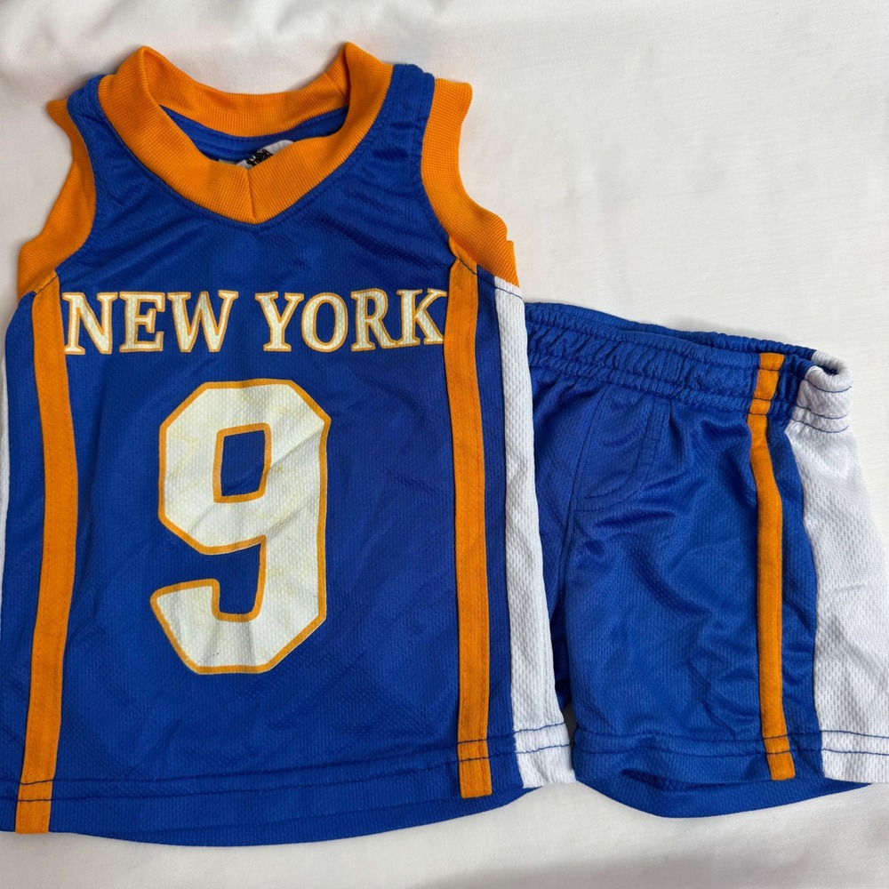 New York Basketball Jersey and Shorts Set Blue Orange White Kids 6-9M 9 Mesh